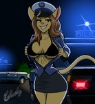 anthro big_breasts bottomwear bra breasts clothed clothing detailed_background eyebrow_through_hair eyebrows eyelashes female flashing flashing_breasts fur green_eyes hair looking_at_viewer night pink_nose police police_cap police_hat police_uniform police_vehicle polish_people's_republic skirt smile solo tail text translucent translucent_hair underwear uniform vehicle yellow_body yellow_fur chisheq fiat fiat_125p fso_polonez aneta_(chisheq) domestic_cat felid feline felis mammal 2024 digital_media_(artwork) hi_res