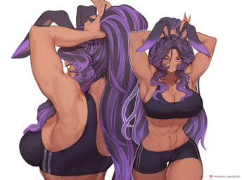 athletic athletic_female big_breasts black_hair bottomwear bra breasts clothing eyebrows eyelashes female freckles hair long_hair multicolored_hair purple_eyes purple_hair shorts solo sports_bra tan_body tan_skin text tying_hair underwear tezy8 animal_humanoid humanoid lagomorph lagomorph_humanoid leporid_humanoid mammal mammal_humanoid rabbit_humanoid 2026 absurd_res hi_res url