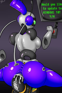 anus bodily_fluids breasts butt cord cum cum_in_vagina cum_inside female genital_fluids genitals green_eyes machine not_furry pushbutton side_boob solo text vulva conditional_dnp quin-nsfw blittany humanoid robot 2016 2:3 absurd_res digital_media_(artwork) english_text hi_res