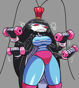 4_arms antennae_(anatomy) anthro big_breasts black_hair bodily_fluids breasts crown exercise female hair headgear long_hair multi_arm multi_limb red_eyes sharp_teeth solo sweat teeth thick_thighs kevin-arthur versus_(manga) roya_roach arthropod blattodean cockroach insect hi_res
