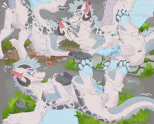 4_toes animal_genitalia anus ass_up ball_tuft balls blue_eyes blue_pawpads blue_penis blush bodily_fluids body_hair butt claws curled_horn dirt dripping ear_piercing ear_ring erection feet feral fur genital_fluids genitals grass hair heart_symbol horn knot knotted_penis looking_at_viewer lying male male_feral membrane_(anatomy) membranous_wings multicolored_body multicolored_fur nude on_back on_grass on_ground patterned_fur pawpads penis piercing pink_anus plant precum precum_drip presenting presenting_anus presenting_hindquarters quadruped raised_leg raised_tail ring_piercing rock scales sheath showing_teeth simple_background smile solo tail text toe_claws toes tuft white_balls white_body white_fur white_sheath wings taesponja european_mythology mythology dragon mythological_creature mythological_scalie scalie western_dragon winged_dragon absurd_res digital_drawing_(artwork) digital_media_(artwork) hi_res shaded