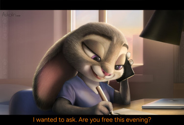 anthro apartment bed buckteeth caption cellphone chair city_view clothing desk desktop device dialogue drawing_(action) drawing_(object) dreamy_eyes duo electronics female furniture furniture_lamp logo male male/female notebook office_chair on_phone pencil_(object) phone pillow shirt smartphone smile t-shirt table teeth text topwear v-neck_shirt window askalin disney zootopia judy_hopps nick_wilde canid canine european_rabbit fox lagomorph leporid mammal oryctolagus rabbit red_fox true_fox artist_logo artist_name digital_media_(artwork) hi_res sketch watermark