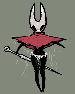 anthro cloak clothing emanata grey_background holding_object hornet's_needle panties simple_background solo standing underwear vussybussy hollow_knight_(franchise) team_cherry hornet_(hollow_knight) arachnid arthropod spider 2025 digital_media_(artwork)