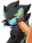 2014 3:4 ambiguous_gender ambiguous_on_human bestiality black_body black_fur blue_body blue_fur blush censor_bar censored duo faceless_character faceless_male felid feral fur generation_4_pokemon genitals human human_on_feral ineffective_censorship interspecies japanese_text luxray male male_on_feral mammal nintendo penis pokemon pokemon_(species) pokephilia ragujuka red_nose simple_background text vein white_background yellow_eyes