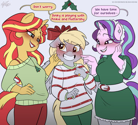 accessory anthro belt blonde_hair blue_eyes blush bow_ribbon clothing derp_eyes digit_ring dress female female/female finger_ring flirting grey_body group hair hair_accessory hair_bow hair_ribbon horn jewelry lips lipstick makeup multicolored_hair necklace pattern_clothing pattern_sweater pattern_topwear purple_body purple_hair red_hair red_lips red_lipstick ribbons ring smile striped_clothing striped_sweater striped_topwear stripes sweater topwear trio two_tone_hair wings yellow_body yellow_eyes xconitox equestria_girls friendship_is_magic hasbro my_little_pony mythology derpy_hooves_(mlp) starlight_glimmer_(mlp) sunset_shimmer_(eg) equid equine mammal mythological_creature mythological_equine pegasus unicorn absurd_res hi_res