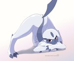 3_fingers 3_toes ambiguous_gender ass_up butt claw_toes claws feet feral finger_claws fingers fur grey_body hair jack-o'_pose looking_at_viewer neck_tuft nude pose red_eyes simple_background solo spread_legs spreading tail toe_claws toes tuft white_background white_body white_fur white_hair eryz nintendo pokemon absol generation_3_pokemon pokemon_(species) 2021 absurd_res digital_media_(artwork) hi_res watermark