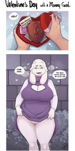 anthro big_breasts biped bodily_fluids breasts candy chocolate clothed clothing condom dessert dialogue female food fur genital_fluids genitals holidays horn looking_at_viewer pupils purple_clothing sexual_barrier_device smile speech_bubble text thick_thighs vaginal_fluids vulva white_body cumbread undertale_(series) valentine's_day toriel bovid caprine human mammal absurd_res comic english_text hi_res signature