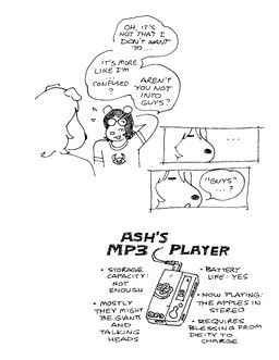 anthro bodily_fluids clothing dialogue duo electronics eyes_closed female floppy_ears flying_sweatdrops hair hand_behind_head male open_mouth portable_music_player round_ears round_nose shirt simple_background snout speech_bubble sweat sweatdrop t-shirt text topwear white_background gaydottiff lemon_demon ash_(gaydottiff) shelley_(gaydottiff) canid canine canis domestic_dog mammal mouse murid murine rodent 2024 black_and_white comic english_text hi_res monochrome trans_(lore) trans_woman_(lore)