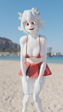 5_fingers anthro beach big_breasts bottomwear bra breasts cleavage clothed clothing female fingers hair happy horn leaning leaning_forward looking_at_viewer open_mouth red_eyes revamped_anthros sand seaside skirt sky smile solo text underwear water white_hair white_horn nexiv_foxclaw helltaker goat_lucifer_(helltaker) bovid caprine demon goat mammal 3d_(artwork) 9:16 blender_(artwork) digital_media_(artwork) hi_res signature url