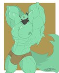 abs anthro biceps big_bulge big_muscles big_pecs black_markings bulge clothing crossgender fluffy fluffy_tail fur green_body green_fur heart_symbol huge_muscles huge_pecs male markings muscular muscular_arms muscular_thighs nipples pecs raised_arm recycling_symbol simple_background solo symbol tail tuft underwear white_eyes conditional_dnp dischimera arc_system_works guilty_gear guilty_gear_strive rei_(guilty_gear) canid canine canis mammal wolf 2021 colored hi_res shaded watermark