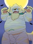 anthro balls_outline belly bulge clothed clothing detailed_bulge erection erection_under_clothing full_moon fur genital_outline green_eyes holidays male moon mummy_costume mummy_wrappings navel navel_tattoo neck_tuft night overweight overweight_male penis_outline solo tuft yellow_body yellow_fur panthera7uncia halloween lifewonders tokyo_afterschool_summoners cu_sith_(tas) bird_dog canid canine canis domestic_dog golden_retriever hunting_dog mammal retriever 3:4 hi_res