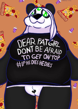 anthro beverage black_body black_fur black_nose breasts clothed clothing female food fur fur_markings genitals green_eyes hair low-angle_view markings pattern_background pizza round_ears shirt simple_background slightly_chubby smile soda solo t-shirt text text_on_clothing text_on_shirt text_on_topwear topwear vulva white_body white_fur white_hair worm's-eye_view lunarpanda8686 meme_clothing mika_(lunarpanda8686) bear giant_panda mammal ursine digital_media_(artwork) english_text hi_res meme