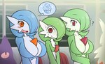 big_breasts blush bodily_fluids breast_envy breasts detailed_background female green_hair group hair not_furry open_mouth question_mark red_eyes smile sweat sweatdrop thought_bubble tongue rakkuguy nintendo pokemon airalin lucy_(jcdr) nougat_(character) gardevoir generation_1_pokemon generation_3_pokemon gengar humanoid pokemon_(species) shiny_pokemon zangoose