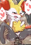 anthro anthro_penetrated balls bodily_fluids braixen breasts canid censored clitoris clothing croisshark duo erection faceless_character faceless_human faceless_male female female_on_human female_penetrated generation_6_pokemon genital_fluids genitals heart_symbol human human_on_anthro human_penetrating human_penetrating_anthro interspecies looking_pleasured male male/female male_penetrating male_penetrating_female mammal nintendo nipples penetration penile penile_penetration penis penis_in_pussy pokemon pokemon_(species) pussy sex tongue tongue_out underwear vaginal vaginal_fluids vaginal_penetration white_clothing white_underwear yellow_body
