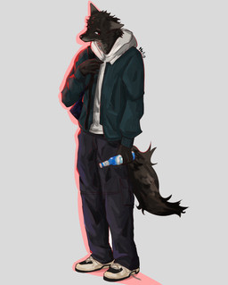 anthro black_body black_fur clothed clothing fur male male/male novha red_eyes simple_background smile solo tail canid canine canis mammal wolf hi_res