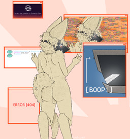 anthro balls blush blush_lines digitigrade drugs error error_message fluffy fluffy_hair fluffy_tail fur genitals gesture glitch hair hand_gesture headgear headgear_only looking_at_viewer looking_back machine male orange_background pills pink_background protogen_visor raised_arms rear_focus rear_view screen screen_face simple_background smile solo standing tail tan_body tan_fur text uwu v_sign visor white_background twtastic twtastic_(character) canid canine fennec_fox fox humanoid mammal protogen true_fox hi_res