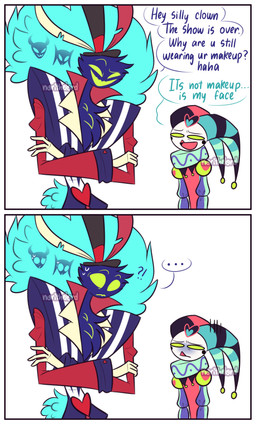 2_panel_comic anthro awkward_moment blue_body blue_clothing blue_feathers blue_suit bodily_fluids border chest_tuft clothing dialogue duo ellipsis empty_eyes feathers fluffy fluffy_chest fool's_hat green_eyes hat headgear headwear heart_symbol jester_outfit male multicolored_clothing pattern_clothing pattern_suit red_sleeves simple_background small_waist speech_bubble striped_clothing striped_suit stripes suit sweat text top_hat tuft white_background white_border white_face norithelord hellaverse helluva_boss asmodeus_(helluva_boss) fizzarolli_(helluva_boss) avian avian_demon bird chicken demon galliform humanoid imp phasianid 2023 absurd_res artist_name comic english_description english_text hi_res watermark