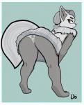 anthro bent_over big_ears big_eyes butt clothing eyebrows female fur hair looking_at_viewer panties rear_view simple_background solo standing underwear sheep_and_wolves wizart_animation simone_(sheep_and_wolves) arctic_fox canid canine fox mammal true_fox digital_media_(artwork) hi_res monochrome