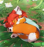 3_toes aged_down anthro clothing curled_up detailed_background ear_tuft eyes_closed feet female female_anthro fur hair horn inner_ear_fluff kemono leaf lying on_side pawpads paws sleep_bubble sleeping solo toes tuft young young_anthro young_female sukiya sola_(sukiya) felid feline mammal digital_media_(artwork) hi_res