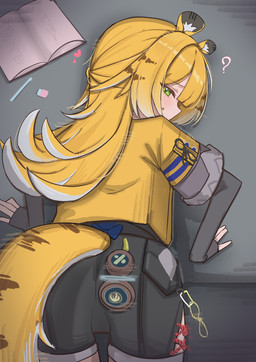animal_ears bent_over black_bottomwear black_clothing black_shorts blonde_hair blush bodily_fluids bottomwear bow_(feature) butt clothing confusion eraser female fluffy_ears glistening glistening_hair green_eyes hair hair_between_eyes hands_on_table heart_eyes heart_symbol jacket long_hair looking_at_viewer looking_back looking_back_at_viewer markings notebook one_eye_visible pencil_(object) shorts striped_hair striped_markings striped_tail stripes sweat tail tail_markings topwear two_tone_tail white_hair yellow_clothing yellow_jacket_(clothing) yellow_topwear hgih mihoyo zenless_zone_zero ju_fufu animal_humanoid felid felid_humanoid humanoid mammal mammal_humanoid pantherine pantherine_humanoid thiren tiger_humanoid absurd_res hi_res