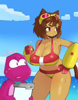 anthro bikini biped blush bodily_fluids breasts cleavage clothed clothing detailed_background duo eyebrows female fingers fur hair male pink_body standing sweat swimwear tail two-piece_swimsuit whiskers ler230 gameoverse glitch_productions gobbles_(gameoverse) kit_bodega dinosaur domestic_cat felid feline felis mammal prehistoric_species reptile scalie absurd_res hi_res
