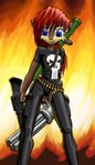 abstract_background alternative_fashion anthro assault_rifle athletic athletic_anthro athletic_female belt black_bottomwear black_cargo_pants black_clothing black_nose black_pants black_shirt black_t-shirt black_topwear blue_eyes bottomwear brown_body brown_fur bullet_belt clothing cosplay female front_view fur gatling_gun gun hair holding_gun holding_object holding_ranged_weapon holding_weapon lipstick looking_at_viewer m16 machine_gun makeup minigun orange_background pants print_clothing print_shirt print_t-shirt print_topwear ranged_weapon red_hair rifle rocket_launcher shirt simple_background smile solo standing t-shirt tight_clothing topwear utility_belt weapon arche_kruz archie_comics marvel sega sonic_the_hedgehog_(archie) sonic_the_hedgehog_(comics) sonic_the_hedgehog_(series) sally_acorn the_punisher chipmunk ground_squirrel mammal rodent sciurid