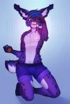 anthro belt big_ears biped bottomwear bulge cheek_tuft chest_tuft clothed clothing denim denim_clothing ear_tuft facial_tuft fangs fur gem green_eyes hair holding_object hypnosis hypnotizing_viewer kneeling looking_at_viewer male mind_control nipples open_mouth purple_body purple_fur short_tail shorts simple_background solo tail teeth topless tuft white_body white_fur arh vincent_lynx felid feline lynx mammal hi_res