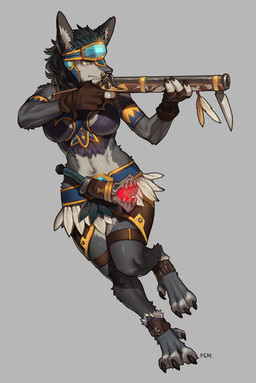 4_toes anthro barefoot bottomwear breasts claws clothing digitigrade feet female fur gun hair headgear headwear ranged_weapon simple_background solo toes topwear tribal weapon pgm300 blizzard_entertainment warcraft canid canine mammal werecanid werecreature worgen 2021 absurd_res digital_media_(artwork) hi_res