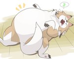 ambiguous_gender belly big_belly claws cute_fangs dipstick_limbs eyes_closed fangs feral floor fluffy fluffy_tail fur happy lying multicolored_body multicolored_fur musical_note musical_symbol neck_tuft obese on_back on_ground overweight overweight_feral pawpads paws pivoted_ears plank raised_tail solo spikes spikes_(anatomy) symbol tail tail_tuft teeth tongue tongue_out tuft wood wood_floor yoh_chomp nintendo pokemon murdock's_lycanroc canid generation_7_pokemon lycanroc mammal midday_lycanroc pokemon_(species) 2025