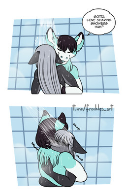 2_panel_comic anthro bathing black_hair dialogue duo ears_back eyes_closed female fur green_body green_fur grey_body grey_fur grey_hair hair hug humor long_hair male neck_tuft open_mouth open_smile pivoted_ears shower showering showering_together smile sound_effects speech_bubble text tuft white_body white_fur freckles_(artist) bovid bovine cattle mammal 2023 comic english_text