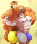 abs angry anthro beard biceps big_muscles bodily_fluids body_hair bulge chest_hair clothing duo facial_hair huge_muscles hyper hyper_muscles lactating male male_lactation milk muscular nipples pecs pubes serratus simple_background thong underwear guzreuef bear canid canine canis domestic_dog mammal hi_res