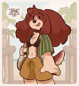 anthro bag beach bikini bikini_top border breasts chest_tuft cleavage clothed clothing collar countershading detailed_background eyelashes female female_anthro looking_at_viewer outside palm_tree pawpads plant solo speech_bubble swimming_trunks swimwear text tree tuft two-piece_swimsuit white_border puppeypawbs maple_(puppeypawbs) bird_dog canid canine canis domestic_dog hunting_dog mammal spaniel 2025 english_text hi_res