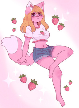 3_toes 4_fingers anthro barefoot bent_legs blue_bottomwear blue_clothing blue_eyes blue_hotpants blue_shorts blush blush_lines bottomwear breasts brown_hair cheek_tuft closed_frown clothed clothed_anthro clothed_female clothing crop_top crossed_legs dipstick_ears dipstick_tail ear_markings eyebrow_through_hair eyebrows eyelashes eyelashes_through_hair facial_tuft feet female female_anthro fingers fluffy fluffy_ears fluffy_tail food frown frowning_at_viewer fruit fully_clothed fully_clothed_anthro fully_clothed_female fur hair hotpants inner_ear_fluff light long_hair looking_at_viewer markings medium_breasts midriff mouth_closed multicolored_ears navel pink_body pink_fur pink_nose pink_tail plant shirt shorts simple_background sitting solo sparkles strawberry tail tail_markings text toes topwear translucent translucent_hair tuft two_tone_tail white_background white_clothing white_crop_top white_ear_tips white_inner_ear_fluff white_markings white_tail_tip white_topwear suzeart cami_(suzeart) domestic_cat felid feline felis mammal 2025 artist_name colored digital_drawing_(artwork) digital_media_(artwork) english_description full-length_portrait hi_res lighting portrait shaded