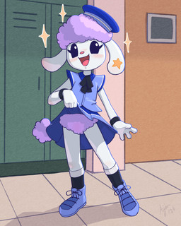anthro biped black_clothing black_eyes black_footwear black_socks blue_bottomwear blue_clothing blue_footwear blue_hat blue_headwear blue_shirt blue_skirt blue_topwear blush bottomwear bracelet clothed clothing clothing_lift female floppy_ears footwear front_view fur hair hat headgear headwear inside jewelry looking_at_viewer lop_ears no_underwear open_mouth open_smile partially_clothed pink_body pink_fur pink_hair red_nose shirt short_hair skirt skirt_lift smile socks solo sparkles tongue topwear wool_(fur) wool_hair young young_anthro young_female ajin bemani konami pop'n_music pop'n_music_13_carnival white_merry bovid caprine mammal sheep 2026 4:5 hi_res