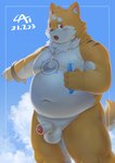 anthro balls belly blush brown_body brown_fur erection foreskin fur genitals humanoid_genitalia humanoid_hands humanoid_penis kemono male moobs navel nude overweight overweight_male partially_retracted_foreskin penis solo white_body white_fur cai1448331577 yueshi_(sinei1234) canid canine canis domestic_dog mammal 2021 absurd_res hi_res