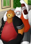 anthro belly blush bottomwear brown_body brown_fur clothing drunk duo fur hug kemono male outside overweight overweight_male pants shirt shorts substance_intoxication topwear white_body white_fur kuma_(pixiv_881259) kumadasi bear mammal polar_bear ursine 2010 hi_res