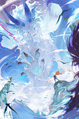 2_horns 5_fingers ambiguous_gender back_wings black_claws blue_body blue_fur blue_hair blue_horn blue_membrane blue_pawpads blue_wings cape claws clothing duo extreme_size_difference facial_markings fangs feral finger_claws fingerpads fingers flesh_fang forehead_markings front_view fur hair head_horn head_markings horn larger_feral markings membrane_(anatomy) membranous_wings monotone_body monotone_fur open_mouth orange_cape orange_clothing orange_hair outside pawpads rear_view red_markings simple_eyes size_difference smaller_human spread_wings standing tail tail_tuft teeth text tuft white_body white_eyes white_fur white_hair wing_claws wings chiayeeee mythology ambient_flier dragon furred_dragon furred_scalie human mammal mythological_creature mythological_scalie scalie winged_dragon 2024 digital_drawing_(artwork) digital_media_(artwork) english_text hi_res