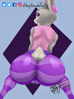 all_fours anthro bedroom_eyes big_butt bottomwear buckteeth butt camel_toe clothed clothing female fur grey_body looking_at_viewer looking_back narrowed_eyes open_mouth pants pattern_bottomwear pattern_clothing rear_view seductive simple_background solo striped_bottomwear striped_clothing stripes tail teeth tongue tongue_out topwear taka_studio disney zootopia judy_hopps lagomorph leporid mammal rabbit 3:4 absurd_res digital_media_(artwork) hi_res