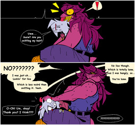 angry anthro bangs belly blush blush_stickers bodily_fluids body_freckles boots border bottomwear braided_hair braided_ponytail breasts clothed clothed_anthro clothing dialogue duo exclamation_point eyewear female femboy flustered footwear freckled_shoulders freckles fur hair horn jewelry long_bangs long_hair male male/female messy_hair muscular muscular_anthro muscular_female one_eye_obstructed onomatopoeia pants pink_body pink_horn pink_scales poncho ponytail purple_body purple_hair purple_scales red_eyewear red_horn relaxing round_eyewear scales shirt shoes side_view simple_background sitting size_difference sleeveless_shirt sound_effects speech_bubble sunglasses surprised sweat sweat_droplets sweatdrop swept_bangs tank_top text topwear white_body white_border white_fur xexeezy deltarune undertale_(series) ralsei susie_(deltarune) bovid caprine darkner dinosaur goat mammal monster prehistoric_species reptile scalie comic english_text multiple_scenes