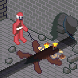 bottomwear broken_wall brown_clothing clothed clothing green_clothing hole_in_wall improvised_weapon iron_ball loincloth loincloth_only poking seeing_stars squashed_body stick tail_nub topless unconscious white_clothing kawa_kir_(artist) pinscher_5d dark_souls fromsoftware pinscher_(pinscher_5d) canid canine canis domestic_dog hollow_(dark_souls) mammal pinscher 1:1 animated