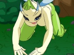 2d_animation 4:3 5_fingers all_fours animated antennae_(anatomy) anthro ass_up bent_over blue_eyes bottomless breasts butt celebi clothed clothing detailed_background female fingers generation_2_pokemon grass humanoid insect_wings legendary_pokemon looking_at_viewer nintendo not_furry open_mouth pikanjo plant pokemon pokemon_(species) pokemon_snap pokemon_snap_xxx screencap short_playtime solo wings