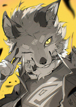ambiguous_gender anthro black_ears buckled_collar claws clothing collar eyebrows facial_markings finger_claws forehead_markings fur grey_body grey_fur head_markings jacket looking_at_viewer markings one_eye_closed pawpads pupils shirt simple_background slit_pupils solo topwear white_sclera yellow_background yellow_eyes chiayeeee canid canine fox mammal 2025 digital_drawing_(artwork) digital_media_(artwork) hi_res signature