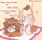 all_fours anthro bovid bovine cattle caught clothed clothing diaper digital_media_(artwork) dreamyart english_text feces female full_diaper hi_res mammal messy_diaper simple_background smelly soiled soiled_diaper solo stink_fumes tail text unclean_diaper used_diaper wearing_diaper