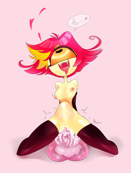abdominal_bulge areola armwear blonde_highlights bodily_fluids bouncing_breasts breasts clothing dialogue dildo dildo_sitting excessive_genital_fluids excessive_vaginal_fluids eye_roll eyelashes fangs female genital_fluids hair heart_eyes heart_symbol highlights_(coloring) kneeling large_penetration legwear mostly_nude nipples open_mouth penetration pink_areola pink_dildo pink_nipples pink_tongue red_hair sex_toy sharp_teeth simple_background solo speech_bubble stockings tan_body tan_skin teeth tongue tongue_out toony vaginal_fluids vaginal_fluids_on_dildo vocalization white_background bridy hazbin_hotel hellaverse niffty_(hazbin_hotel) humanoid 2020 absurd_res dated hi_res signature