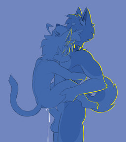 abs anal anal_penetration balls big_penis blue_background bodily_fluids collar cum cum_drip cum_in_ass cum_inside dripping genital_fluids genitals hug humanoid_genitalia humanoid_penis male male/male open_mouth penetration penis simple_background spiked_collar spikes tongue tongue_out pvt._keron kai_(keron) canid canine canis domestic_cat domestic_dog felid feline felis mammal