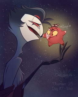 4_eyes 4_fingers anthro beak bodily_fluids clothing cosmic_background crying duo feathers fingers horn male multi_eye open_mouth red_eyes robe sky star starry_background starry_sky tears text tongue tongue_out yellow_eyes atimon hellaverse helluva_boss wish_(film) blitzo_(helluva_boss) star_(wish) stolas_(helluva_boss) avian bird demon imp living_star owl owl_demon 2025 hi_res signature