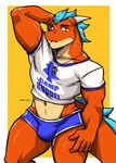 anthro athletic athletic_male blue_bottomwear blue_clothing blue_hair blue_shorts border bottomwear bulge clothed clothing countershade_scales countershade_torso countershading crop_top eyebrows hair hand_behind_head horn hotpants male navel open_mouth orange_body orange_scales outside_border red_eyes scales shirt shorts simple_background snout solo tail tan_body tan_scales text text_on_clothing text_on_shirt text_on_topwear thick_thighs topwear whistle_(object) white_border yellow_background rook_kawa mythology dragon mythological_creature mythological_scalie scalie 2023 artist_name english_text hi_res