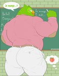 anthro barazoku beak belt big_butt big_muscles bottomwear bubble_butt butt chalk chalkboard classroom clothed clothing dialogue dress_shirt emoji eyewear feathers food fruit glasses holding_object huge_butt huge_muscles huge_thighs inside looking_at_viewer looking_back looking_back_at_viewer male mascot musclegut muscular muscular_anthro muscular_male offscreen_character open_mouth open_smile pants peach_(fruit) plant rear_view school shirt smile solo standing talking_to_viewer teacher text thick_arms thick_thighs thought_bubble tight_clothing topwear tuft wall_(structure) tylerstark duolingo duo_(duolingo) avian bird owl 2025 absurd_res english_text french_text hi_res