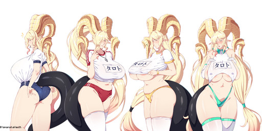 areola areola_slip big_breasts biped blonde_hair blue_clothing breasts butt clothed clothing clothing_lift eyelashes female green_clothing hair hair_over_eye horn humanoid_pointy_ears legwear long_hair looking_at_viewer mature_female navel pointy_ears pupils red_clothing shirt shirt_lift simple_background smile solo tail thigh_highs topwear white_clothing yellow_clothing yamanata mythology animal_humanoid dragon dragon_humanoid horned_humanoid humanoid mythological_creature mythological_scalie scalie absurd_res hi_res