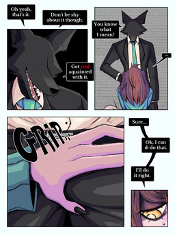 anthro belt blonde_hair clothed clothing dialogue duo female fondling_penis fur hair homeless male male/female nails open_mouth sharp_nails smile suit teeth text ponporio homeless_dog the_suit_(ponporio) canid canine canis domestic_dog mammal 3:4 absurd_res comic digital_media_(artwork) english_text hi_res
